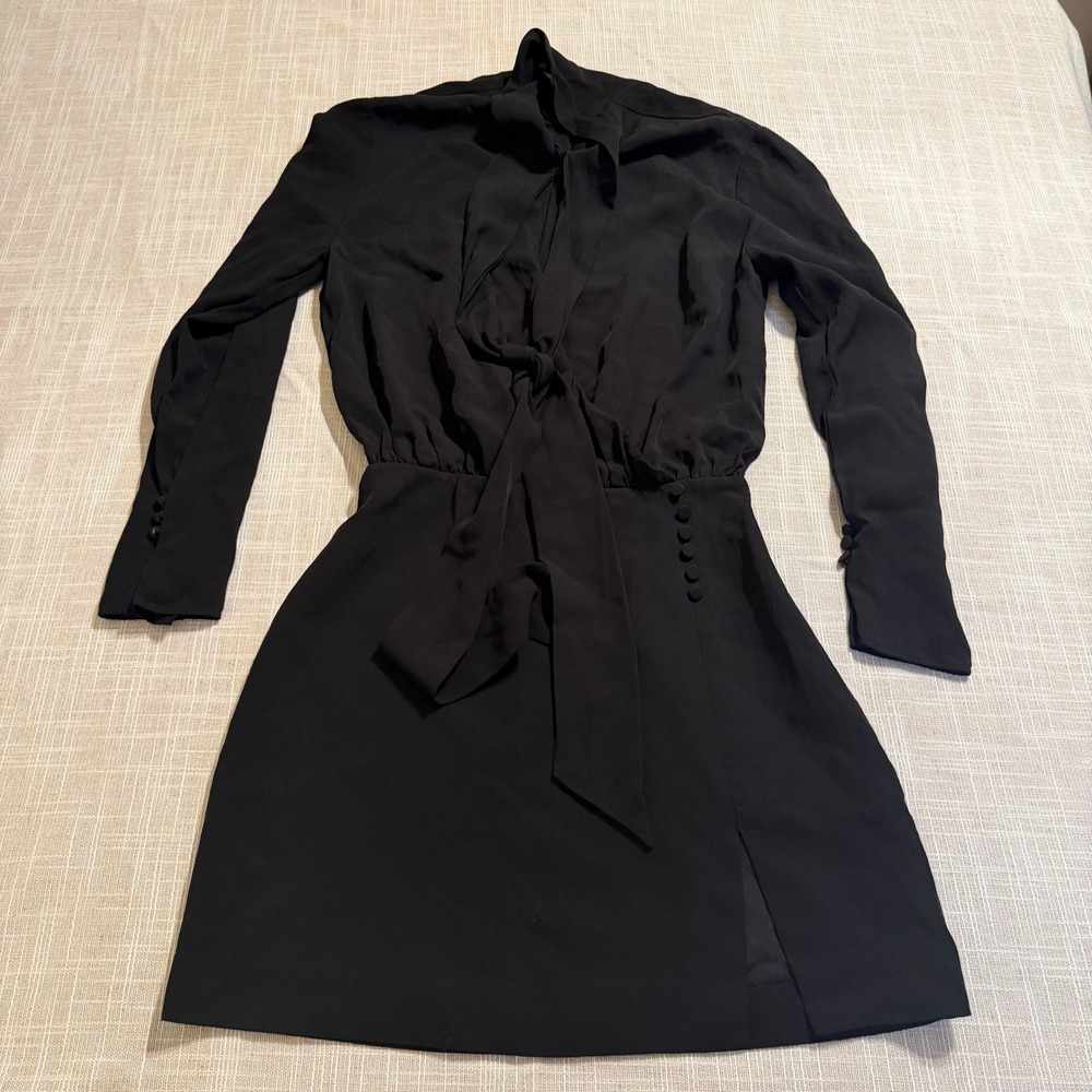 Zara Black Tie Neck Long Sleeve Mini Dress Covered Buttons Size XS
